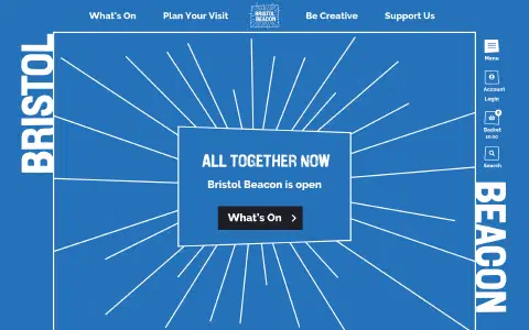 White lines burst out from a light blue background surrounding the text ‘All together now - The Bristol Beacon is open’