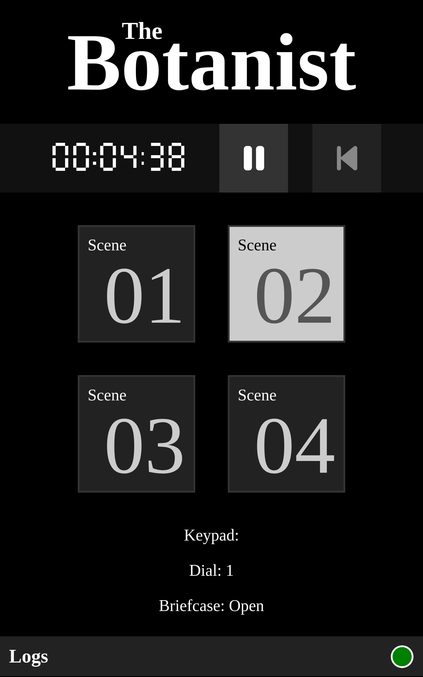An admin screen showing the game timer, current scene, various sensor outputs and more